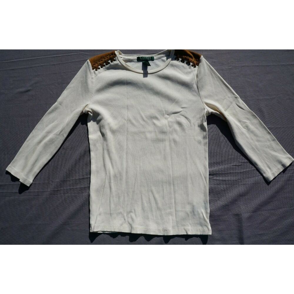 Lauren Ralph Lauren 3/4 Sleeve Ribbed Casual Top Lace up Suede Trim Size M EUC